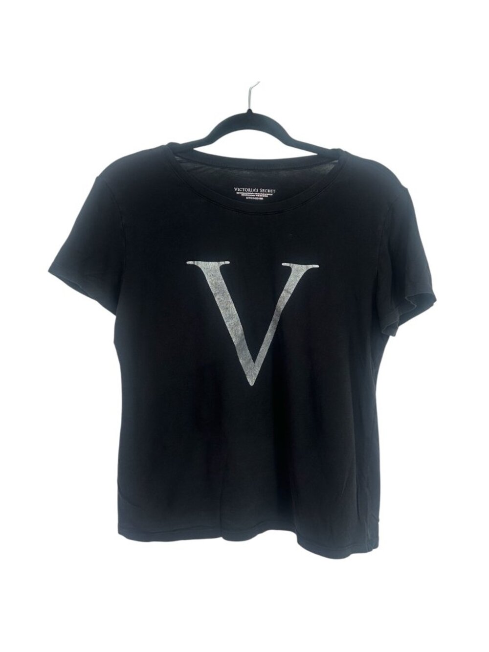 Victoria's Secret Tee Women's S Black Metallic Silver V Logo Graphic Loungewear